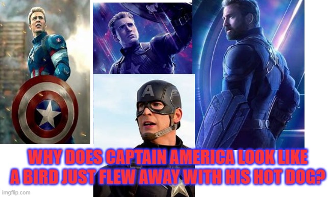 white background | WHY DOES CAPTAIN AMERICA LOOK LIKE A BIRD JUST FLEW AWAY WITH HIS HOT DOG? | image tagged in white background,captain america,mcu,marvel,bird,oh wow are you actually reading these tags | made w/ Imgflip meme maker