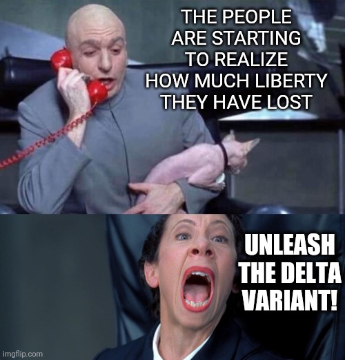 Delta variant | THE PEOPLE ARE STARTING TO REALIZE HOW MUCH LIBERTY THEY HAVE LOST; UNLEASH THE DELTA VARIANT! | image tagged in dr evil and frau | made w/ Imgflip meme maker