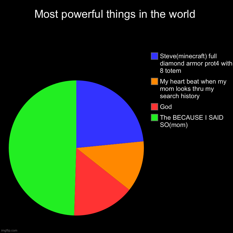 Worlds most powerful things in the world | Most powerful things in the world | The BECAUSE I SAID SO(mom), God, My heart beat when my mom looks thru my search history, Steve(minecraft | image tagged in charts,pie charts | made w/ Imgflip chart maker