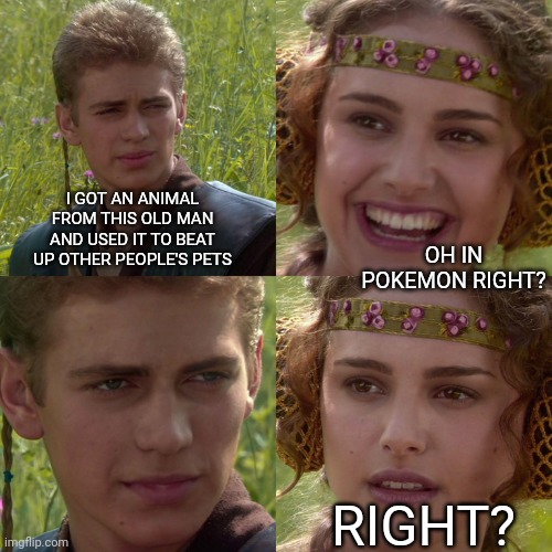 Anakin Padme 4 Panel | I GOT AN ANIMAL FROM THIS OLD MAN AND USED IT TO BEAT UP OTHER PEOPLE'S PETS; OH IN POKEMON RIGHT? RIGHT? | image tagged in anakin padme 4 panel | made w/ Imgflip meme maker