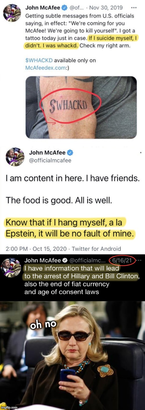 McAfee didn't kill himself | oh no | image tagged in john mcafee | made w/ Imgflip meme maker