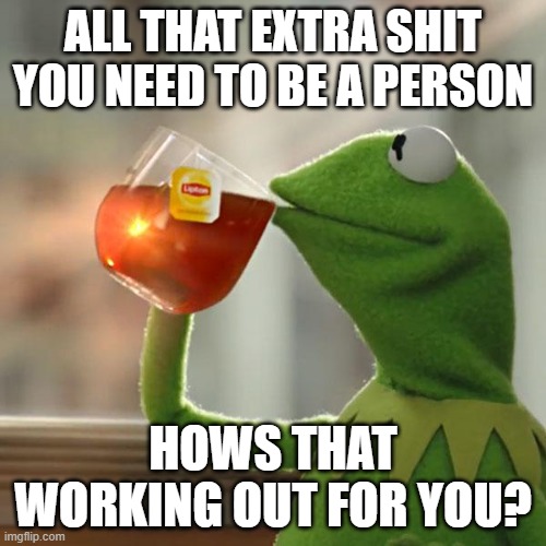 But That's None Of My Business Meme | ALL THAT EXTRA SHIT YOU NEED TO BE A PERSON; HOWS THAT WORKING OUT FOR YOU? | image tagged in memes,but that's none of my business,kermit the frog | made w/ Imgflip meme maker