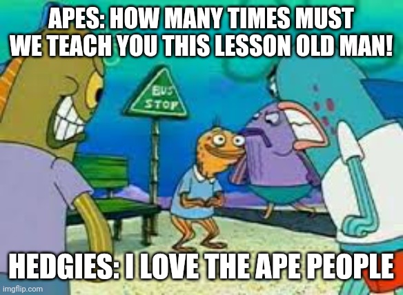 SpongeBob apes | APES: HOW MANY TIMES MUST WE TEACH YOU THIS LESSON OLD MAN! HEDGIES: I LOVE THE APE PEOPLE | image tagged in stocks,apes,amc,spongebob,squeeze,tendies | made w/ Imgflip meme maker