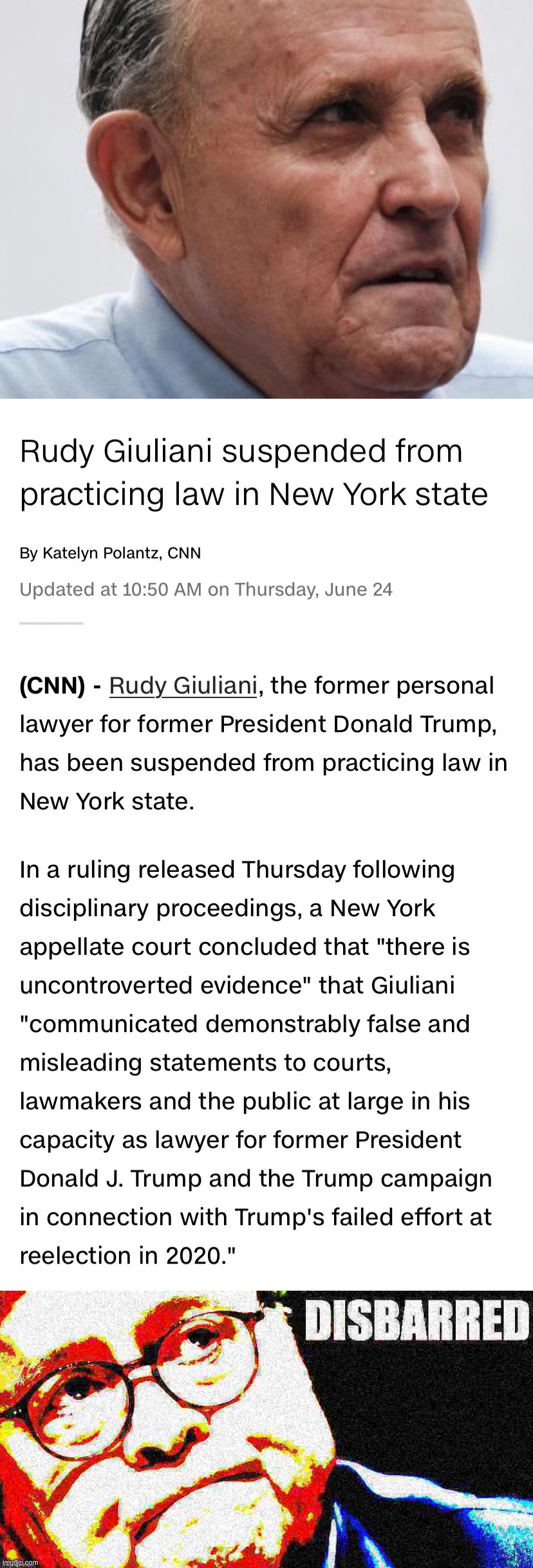 Bill Barr resigned and got out of dodge before Trump’s “Voter fraud” lie could blow back on him. Giuliani doubled down. Sad! | image tagged in rudy giuliani suspended,william barr disbarred 2 deep-fried 1,sad,so sad,rudy giuliani,disbarred | made w/ Imgflip meme maker