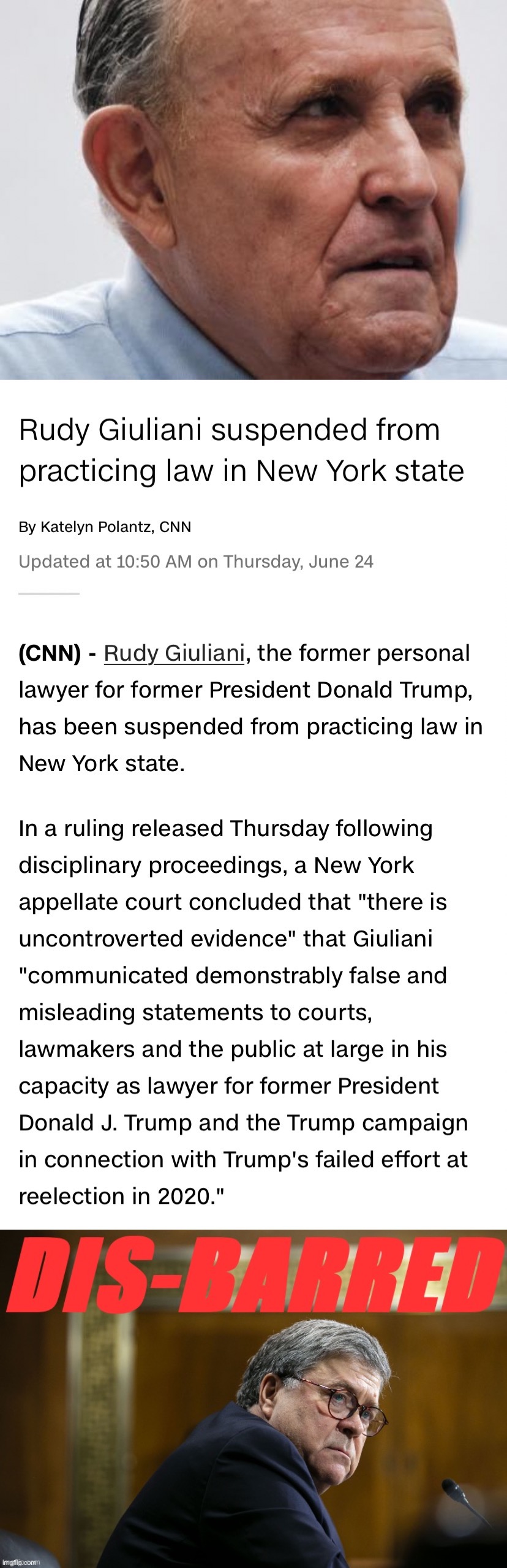 @CNNFakeNews reports the #FakeNews that America’s mayor was railroaded by LEFTIST New York courts! Time to #ReleaseTheKraken!!!! | image tagged in rudy giuliani suspended,william barr disbarred,rudy giuliani,release the kraken,election 2020,cnn fake news | made w/ Imgflip meme maker
