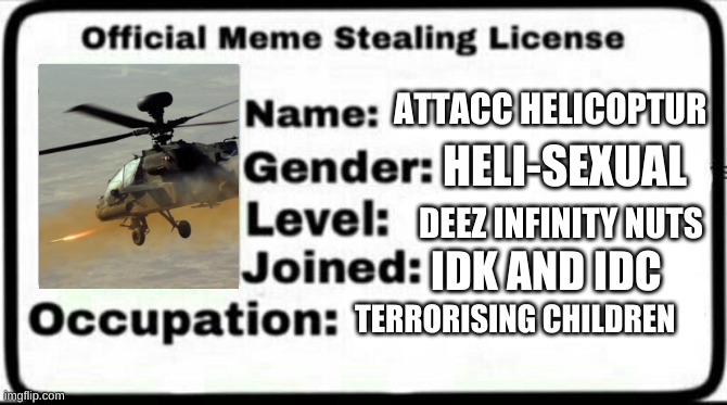 Meme Stealing License | ATTACC HELICOPTUR; HELI-SEXUAL; DEEZ INFINITY NUTS; IDK AND IDC; TERRORISING CHILDREN | image tagged in meme stealing license | made w/ Imgflip meme maker