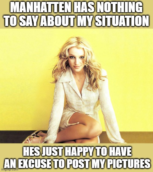 Give the girl her life back. Couldnt do any worse with it than any number of people I can think of. | MANHATTEN HAS NOTHING TO SAY ABOUT MY SITUATION; HES JUST HAPPY TO HAVE AN EXCUSE TO POST MY PICTURES | image tagged in memes,politics,free brittany,safe for work,fun | made w/ Imgflip meme maker
