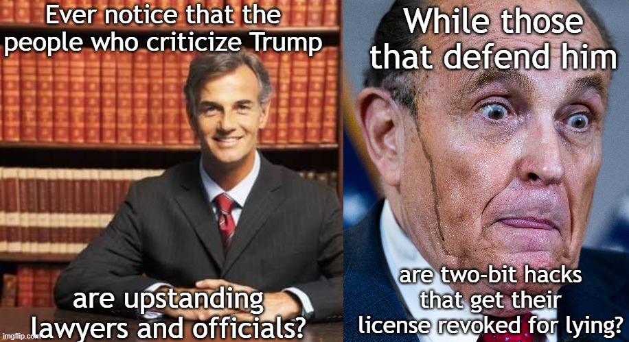 Ever notice that the people who criticize Trump; While those that defend him; are two-bit hacks that get their license revoked for lying? are upstanding lawyers and officials? | image tagged in lawyer,hair paint guiliani | made w/ Imgflip meme maker