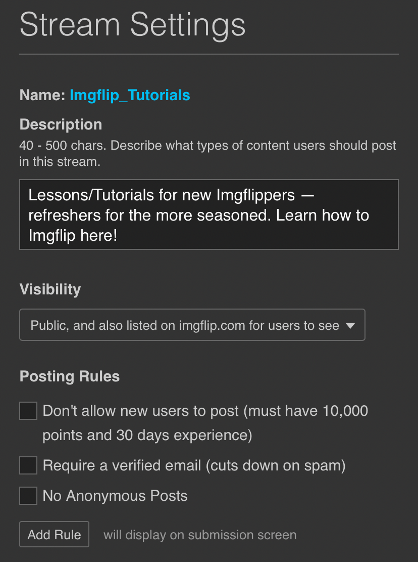 Imgflip Stream settings posting rules Blank Meme Template