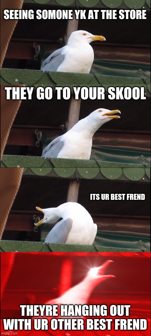 Inhaling Seagull | SEEING SOMONE YK AT THE STORE; THEY GO TO YOUR SKOOL; ITS UR BEST FREND; THEYRE HANGING OUT WITH UR OTHER BEST FREND | image tagged in memes,inhaling seagull | made w/ Imgflip meme maker