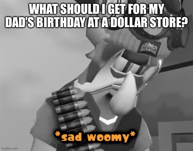 I need your help guys | WHAT SHOULD I GET FOR MY DAD’S BIRTHDAY AT A DOLLAR STORE? | image tagged in sad woomy | made w/ Imgflip meme maker