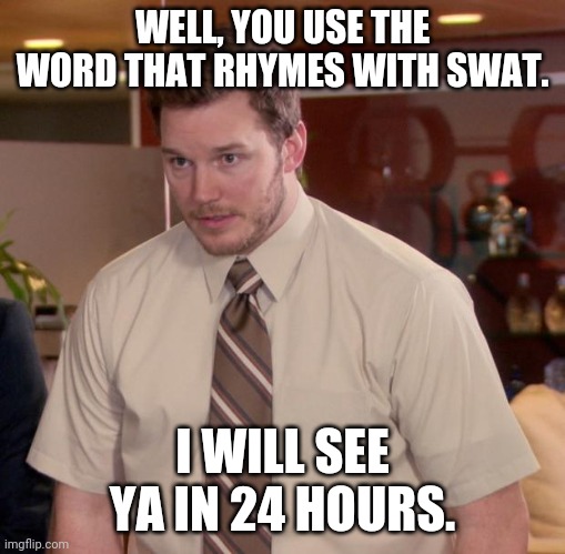 Rhyming games.  Mods dont like other words for genitals.. | WELL, YOU USE THE WORD THAT RHYMES WITH SWAT. I WILL SEE YA IN 24 HOURS. | image tagged in memes,afraid to ask andy | made w/ Imgflip meme maker