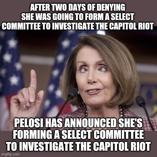 LIAR | AFTER TWO DAYS OF DENYING SHE WAS GOING TO FORM A SELECT COMMITTEE TO INVESTIGATE THE CAPITOL RIOT; PELOSI HAS ANNOUNCED SHE'S FORMING A SELECT COMMITTEE TO INVESTIGATE THE CAPITOL RIOT | image tagged in nancy pelosi | made w/ Imgflip meme maker