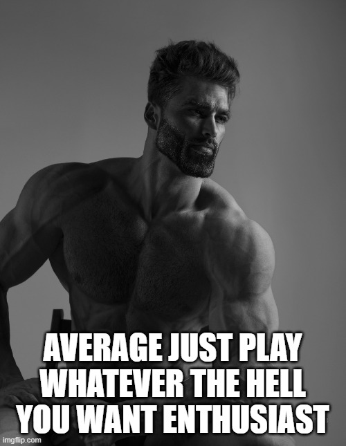 Giga Chad | AVERAGE JUST PLAY WHATEVER THE HELL YOU WANT ENTHUSIAST | image tagged in giga chad | made w/ Imgflip meme maker