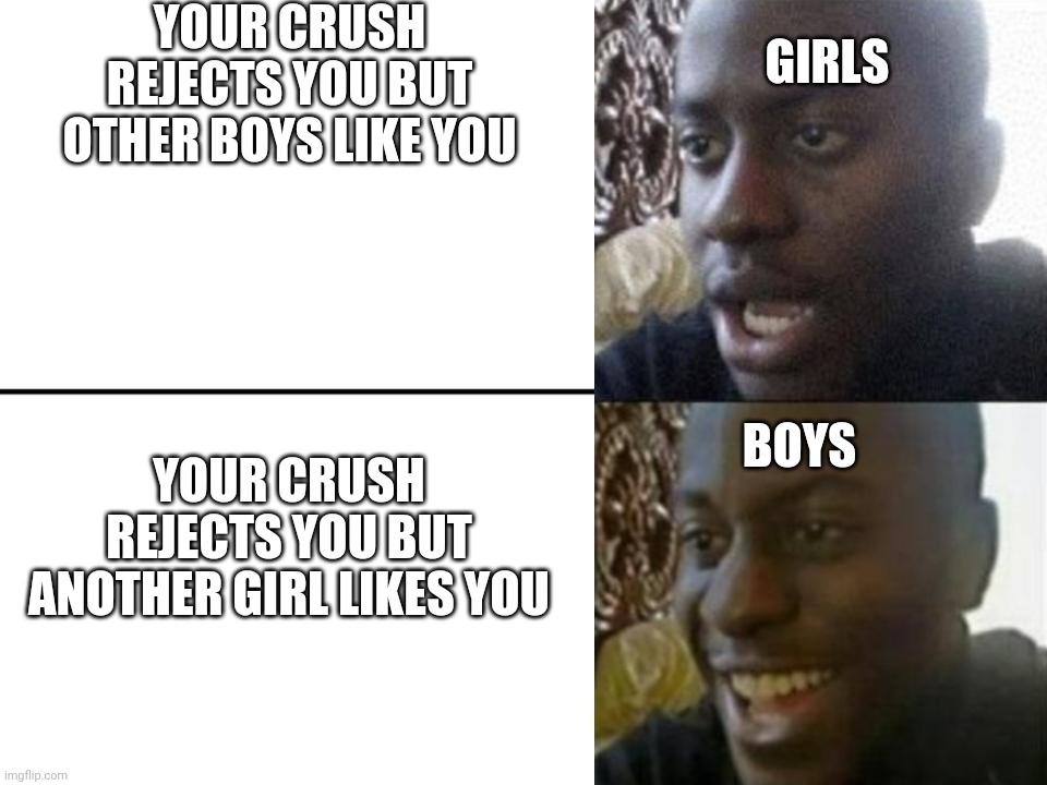 Reversed Disappointed Black Man | YOUR CRUSH REJECTS YOU BUT OTHER BOYS LIKE YOU; GIRLS; YOUR CRUSH REJECTS YOU BUT ANOTHER GIRL LIKES YOU; BOYS | image tagged in reversed disappointed black man | made w/ Imgflip meme maker