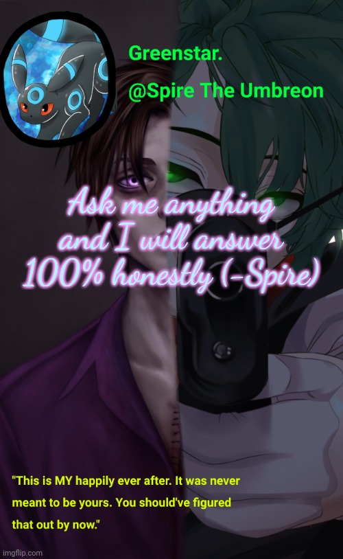 Villian Deku / Mike Afton temp | Ask me anything and I will answer 100% honestly (-Spire) | image tagged in villian deku / mike afton temp | made w/ Imgflip meme maker