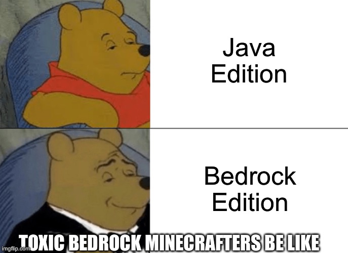 Y’all plz don’t be toxic I play both | Java Edition; Bedrock Edition; TOXIC BEDROCK MINECRAFTERS BE LIKE | image tagged in memes,tuxedo winnie the pooh,minecraft | made w/ Imgflip meme maker