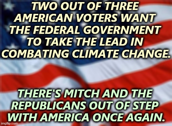 Over half of Americans want the Democrats to go ahead and fight climate change even if the Republicans obstruct. | TWO OUT OF THREE 
AMERICAN VOTERS WANT 
THE FEDERAL GOVERNMENT 
TO TAKE THE LEAD IN 
COMBATING CLIMATE CHANGE. THERE'S MITCH AND THE 
REPUBLICANS OUT OF STEP 

WITH AMERICA ONCE AGAIN. | image tagged in usa flag,democrats,modern,intelligent,republicans,dumb | made w/ Imgflip meme maker
