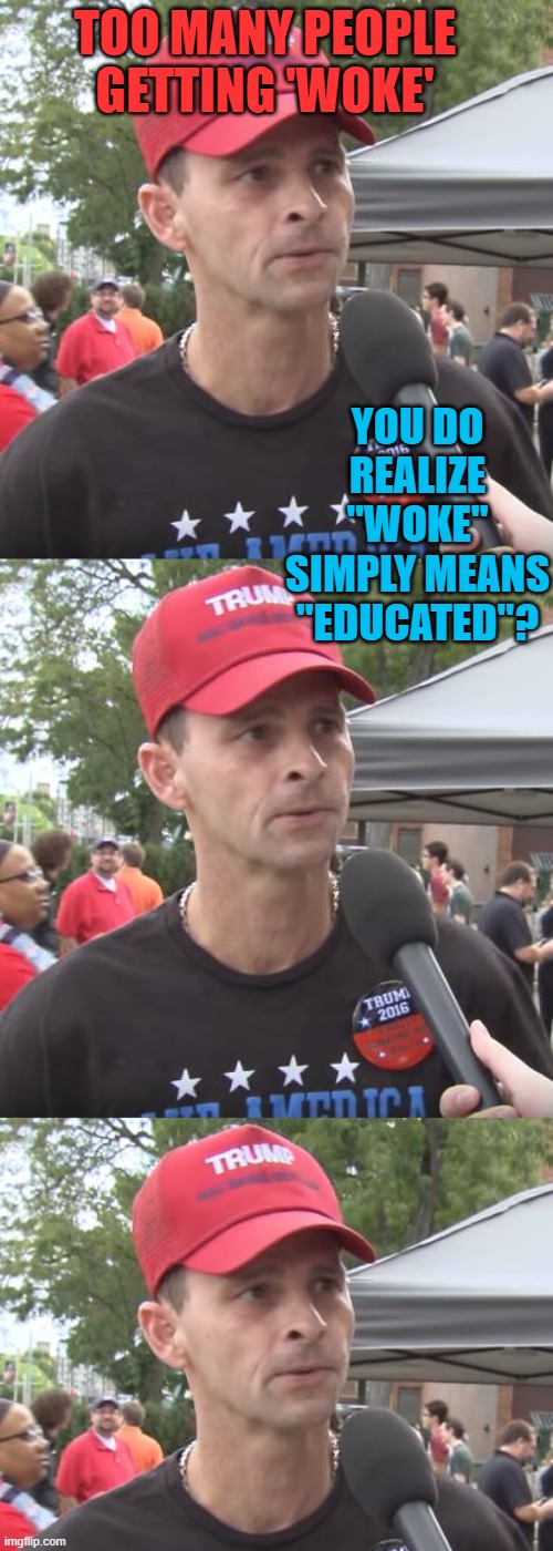 Education, the bitter enemy of the republican crowd. | TOO MANY PEOPLE GETTING 'WOKE'; YOU DO REALIZE "WOKE" SIMPLY MEANS "EDUCATED"? | image tagged in trump supporter,memes,politics,woke,racism,maga | made w/ Imgflip meme maker