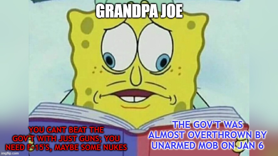 low effort repost | GRANDPA JOE; YOU CANT BEAT THE GOV'T WITH JUST GUNS; YOU NEED F-15'S, MAYBE SOME NUKES; THE GOV'T WAS ALMOST OVERTHROWN BY UNARMED MOB ON JAN 6 | image tagged in biden,makes sense | made w/ Imgflip meme maker