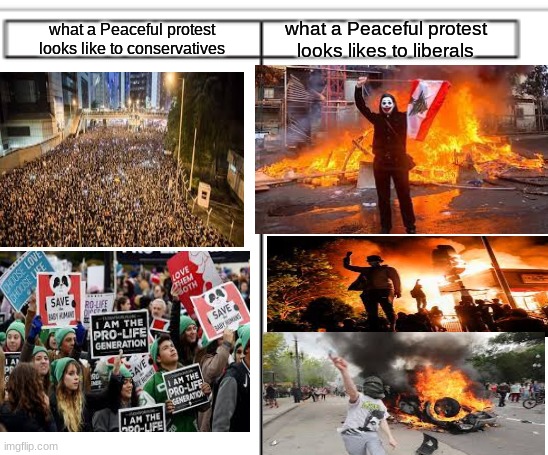Why do liberals always get so violent? | what a Peaceful protest looks likes to liberals; what a Peaceful protest looks like to conservatives | image tagged in riots,liberals,peace,protest | made w/ Imgflip meme maker