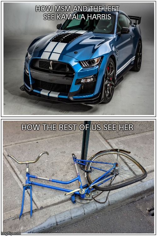 Old blue bike. | HOW MSM AND THE LEFT 
SEE KAMALA HARRIS; HOW THE REST OF US SEE HER | image tagged in memes,mustang,kamala harris,bike,funny memes,political meme | made w/ Imgflip meme maker