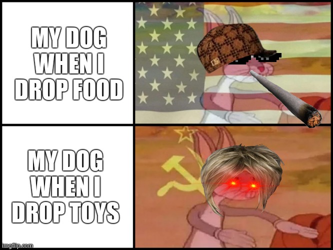 My dog be like: | MY DOG WHEN I DROP FOOD; MY DOG WHEN I DROP TOYS | image tagged in capitalist and communist | made w/ Imgflip meme maker