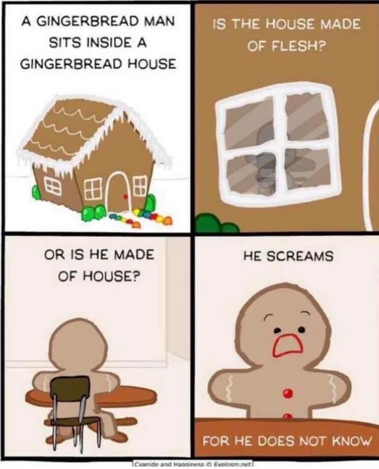 High Quality A gingerbread man sits inside a gingerbread house Blank Meme Template