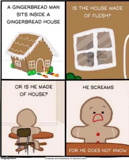 A gingerbread man sits inside a gingerbread house | image tagged in a gingerbread man sits inside a gingerbread house | made w/ Imgflip meme maker