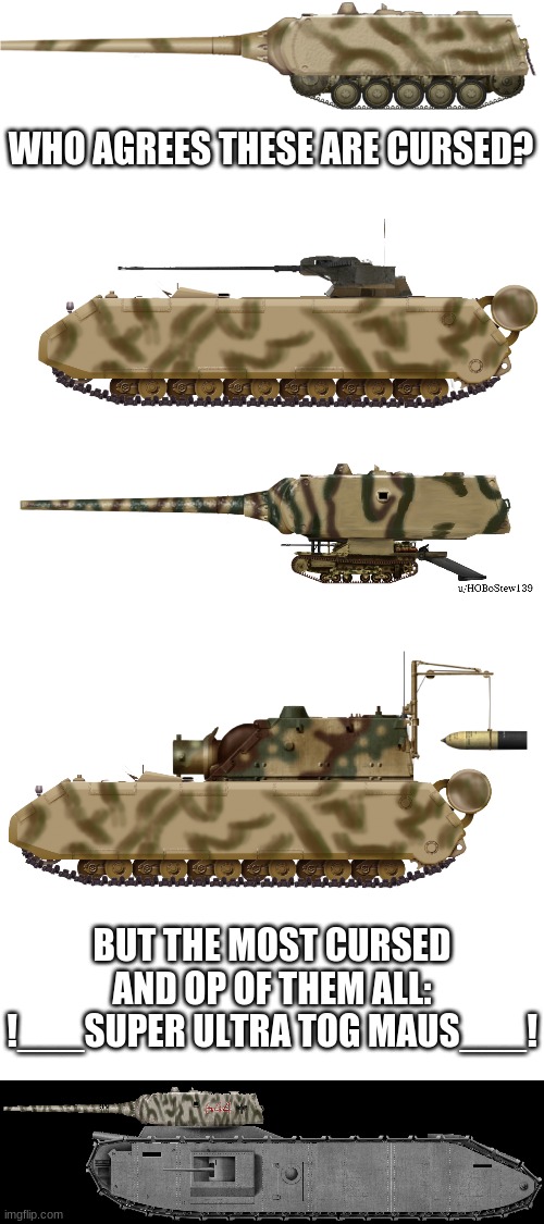 mod note: Y E S | WHO AGREES THESE ARE CURSED? BUT THE MOST CURSED AND OP OF THEM ALL:
!___SUPER ULTRA TOG MAUS___! | image tagged in blank white template | made w/ Imgflip meme maker