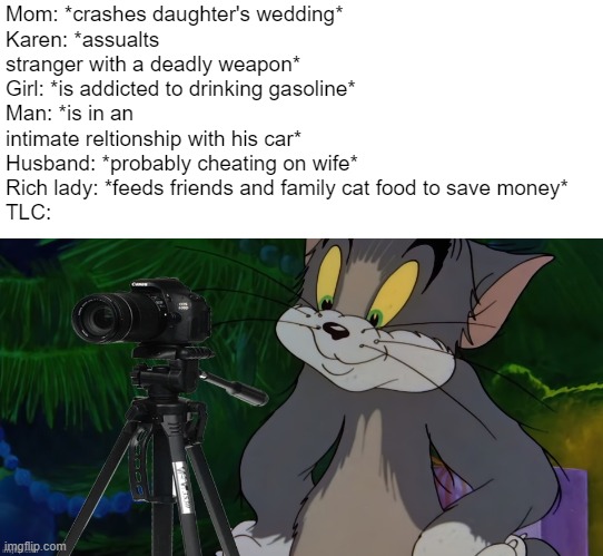 it's official: TLC is the florida of television | Mom: *crashes daughter's wedding*
Karen: *assualts stranger with a deadly weapon*
Girl: *is addicted to drinking gasoline*
Man: *is in an intimate reltionship with his car*
Husband: *probably cheating on wife*
Rich lady: *feeds friends and family cat food to save money*
TLC: | image tagged in tom filming,funny,funny memes,tlc,truth | made w/ Imgflip meme maker