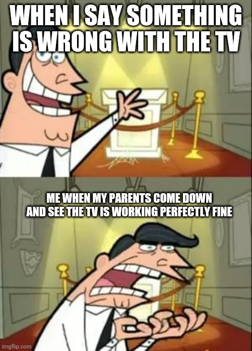 Tv doesn't work and,then you tell your parents to come down and it works perfectly fine | WHEN I SAY SOMETHING IS WRONG WITH THE TV; ME WHEN MY PARENTS COME DOWN AND SEE THE TV IS WORKING PERFECTLY FINE | image tagged in memes,this is where i'd put my trophy if i had one | made w/ Imgflip meme maker