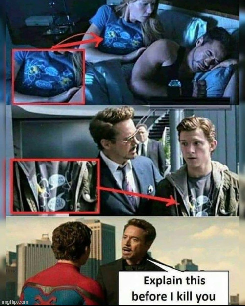 Maybe because Tony hit on Peter's MILF Aunt May and this is the revenge? | image tagged in spiderman peter parker,tony stark,men cheating,funny,memes | made w/ Imgflip meme maker