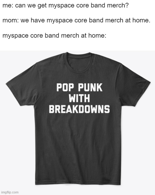 myspace core band merch | me: can we get myspace core band merch?
 
mom: we have myspace core band merch at home.
 
myspace core band merch at home: | image tagged in punk | made w/ Imgflip meme maker