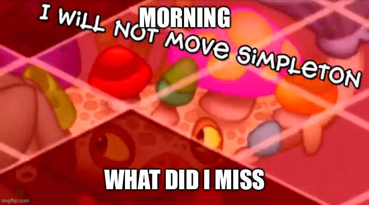 I will not move simpleton | MORNING; WHAT DID I MISS | image tagged in i will not move simpleton | made w/ Imgflip meme maker