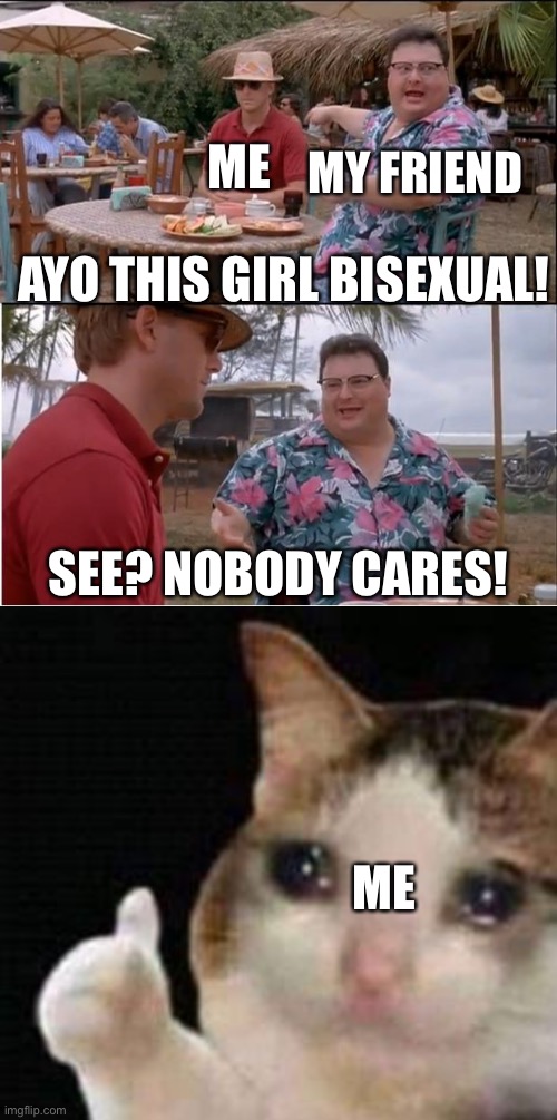 This would hurt me so bad if my friend actually told me this | ME; MY FRIEND; AYO THIS GIRL BISEXUAL! SEE? NOBODY CARES! ME | image tagged in memes,see nobody cares,approved crying cat | made w/ Imgflip meme maker