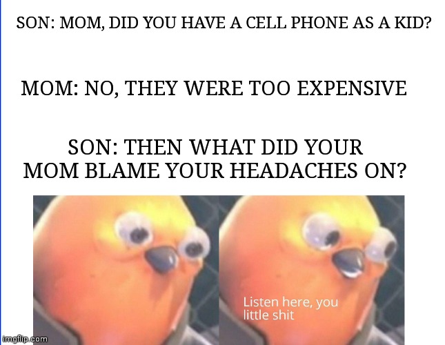 Hmmm | SON: MOM, DID YOU HAVE A CELL PHONE AS A KID? MOM: NO, THEY WERE TOO EXPENSIVE; SON: THEN WHAT DID YOUR MOM BLAME YOUR HEADACHES ON? | image tagged in listen here you little shit | made w/ Imgflip meme maker