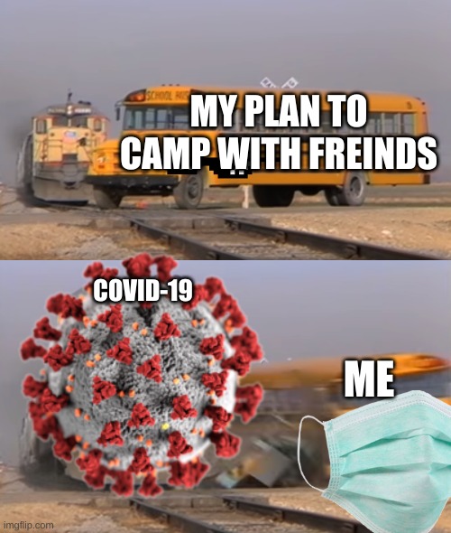 A train hitting a school bus | MY PLAN TO CAMP WITH FREINDS; COVID-19; ME | image tagged in a train hitting a school bus | made w/ Imgflip meme maker