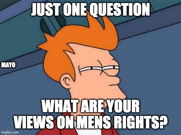 i am one so please tell me | JUST ONE QUESTION; MAYO; WHAT ARE YOUR VIEWS ON MENS RIGHTS? | image tagged in memes,futurama fry | made w/ Imgflip meme maker