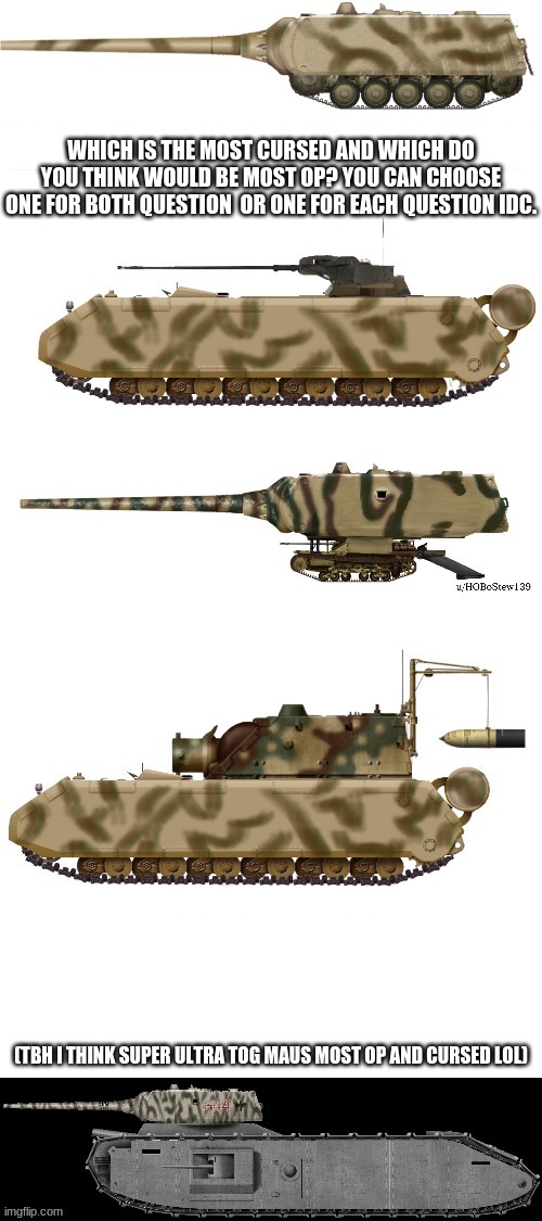 WHICH IS THE MOST CURSED AND WHICH DO YOU THINK WOULD BE MOST OP? YOU CAN CHOOSE ONE FOR BOTH QUESTION  OR ONE FOR EACH QUESTION IDC. (TBH I THINK SUPER ULTRA TOG MAUS MOST OP AND CURSED LOL) | made w/ Imgflip meme maker