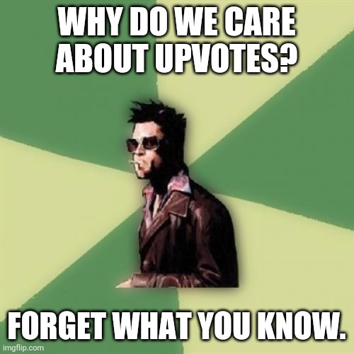 Helpful Tyler Durden Meme | WHY DO WE CARE ABOUT UPVOTES? FORGET WHAT YOU KNOW. | image tagged in memes,helpful tyler durden | made w/ Imgflip meme maker