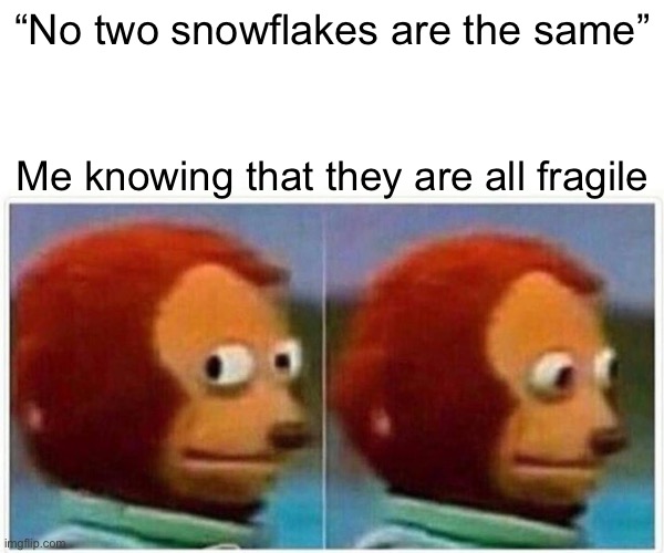 True | “No two snowflakes are the same”; Me knowing that they are all fragile | image tagged in memes,monkey puppet | made w/ Imgflip meme maker