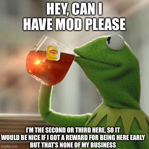 This is only kind of mod begging |  HEY, CAN I HAVE MOD PLEASE; I’M THE SECOND OR THIRD HERE, SO IT WOULD BE NICE IF I GOT A REWARD FOR BEING HERE EARLY
BUT THAT’S NONE OF MY BUSINESS | image tagged in memes,but that's none of my business,kermit the frog | made w/ Imgflip meme maker