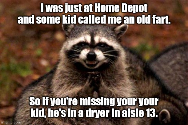 Heh, heh. So evil. | I was just at Home Depot and some kid called me an old fart. So if you're missing your your kid, he's in a dryer in aisle 13. | image tagged in memes,evil plotting raccoon,funny | made w/ Imgflip meme maker