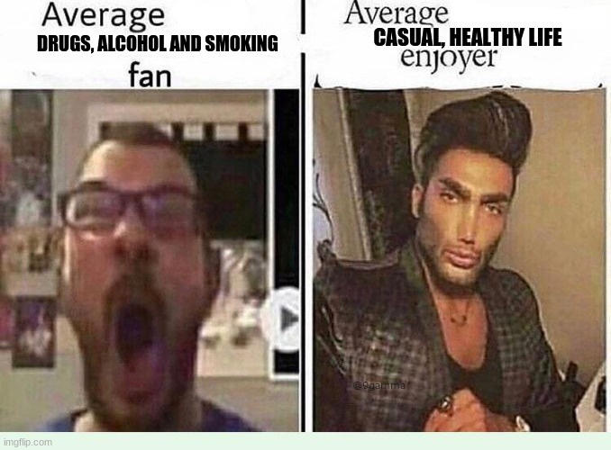 I like health | CASUAL, HEALTHY LIFE; DRUGS, ALCOHOL AND SMOKING | image tagged in average blank fan vs average blank enjoyer | made w/ Imgflip meme maker