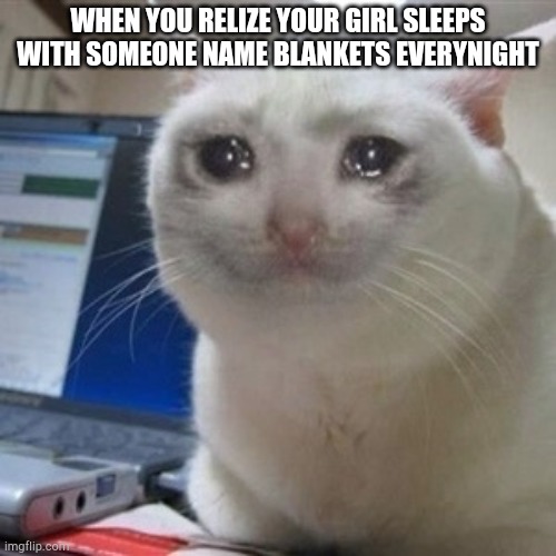 She be cheatin tho | WHEN YOU RELIZE YOUR GIRL SLEEPS WITH SOMEONE NAME BLANKETS EVERYNIGHT | image tagged in crying cat | made w/ Imgflip meme maker