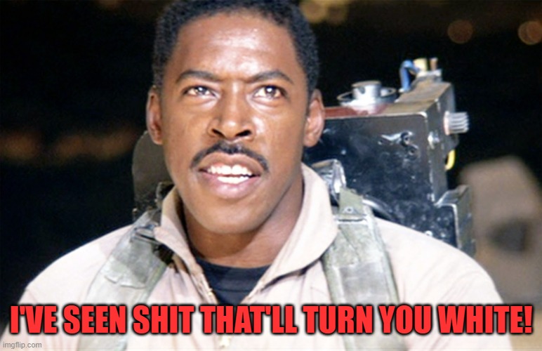 Ghostbusters Ray | I'VE SEEN SHIT THAT'LL TURN YOU WHITE! | image tagged in ghostbusters ray | made w/ Imgflip meme maker