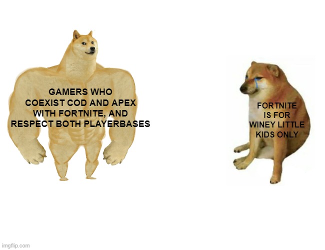 real gamers | GAMERS WHO COEXIST COD AND APEX WITH FORTNITE, AND RESPECT BOTH PLAYERBASES; FORTNITE IS FOR WINEY LITTLE KIDS ONLY | image tagged in memes,buff doge vs cheems,gaming | made w/ Imgflip meme maker