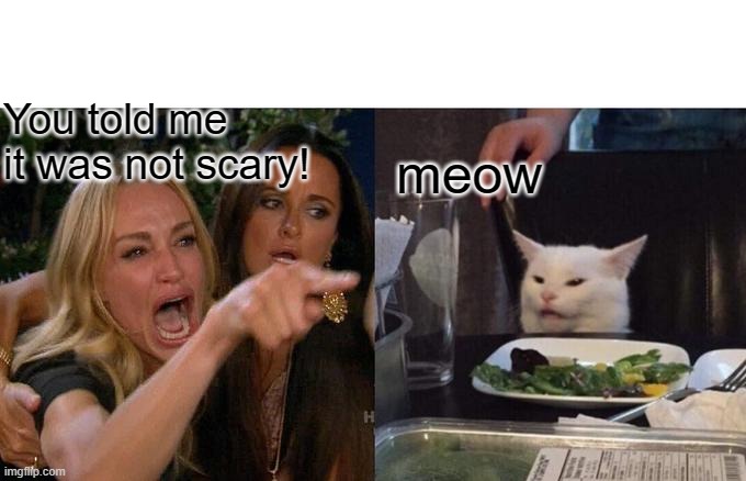 Woman Yelling At Cat | You told me it was not scary! meow | image tagged in memes,woman yelling at cat | made w/ Imgflip meme maker
