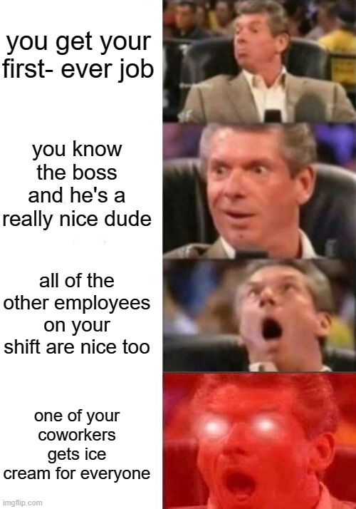 a good hearted story | you get your first- ever job; you know the boss and he's a really nice dude; all of the other employees on your shift are nice too; one of your coworkers gets ice cream for everyone | image tagged in mr mcmahon reaction,kindness,wholesome | made w/ Imgflip meme maker